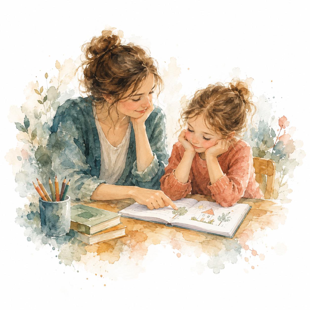 Akvarelová ilustrace učitelky a dítěte, které společně objevují souvislosti v otevřené knize.