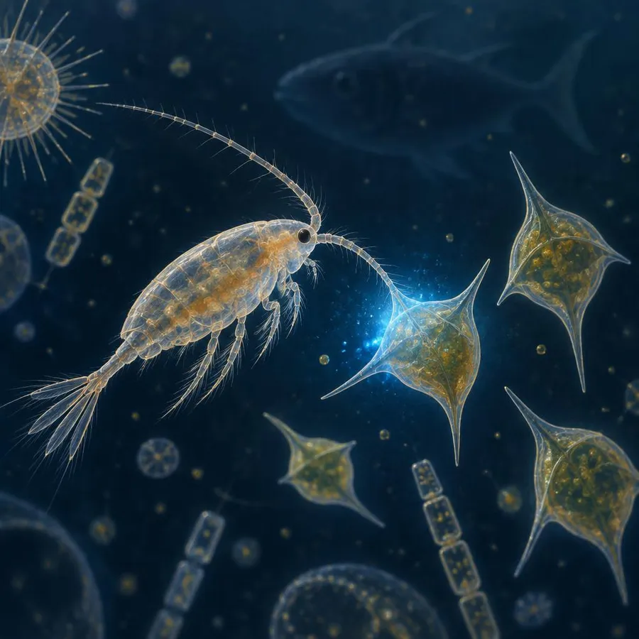 Zvětšený plankton: drobný korýš se dotýká obrněnek, které jemně modře zasvítí; v dálce obrys větší ryby
