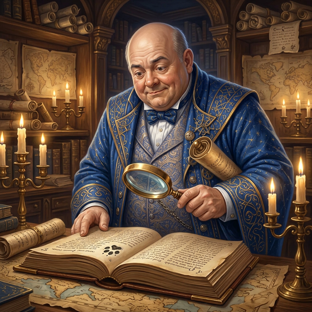Profesor Historik při svíčce zkoumá starou kroniku s otiskem malé tlapky.
