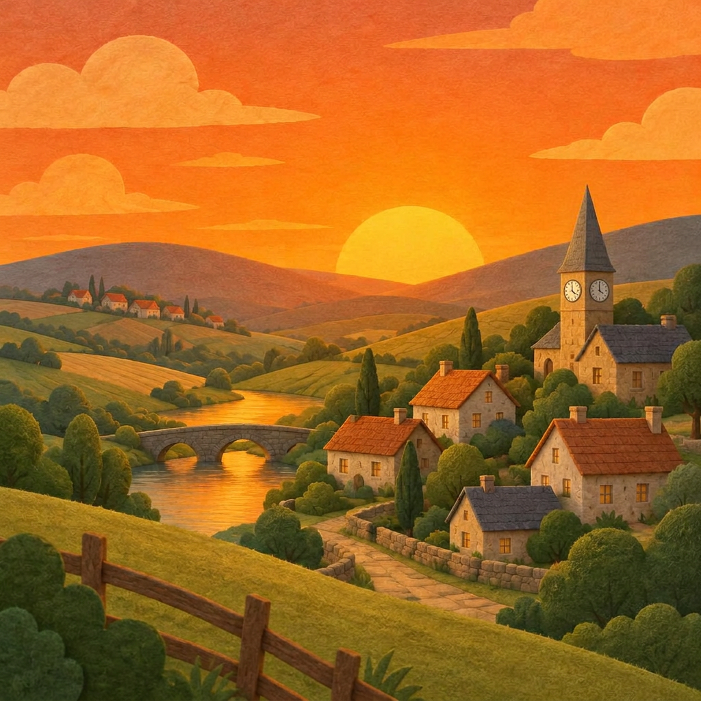 b) Večer nad kopci