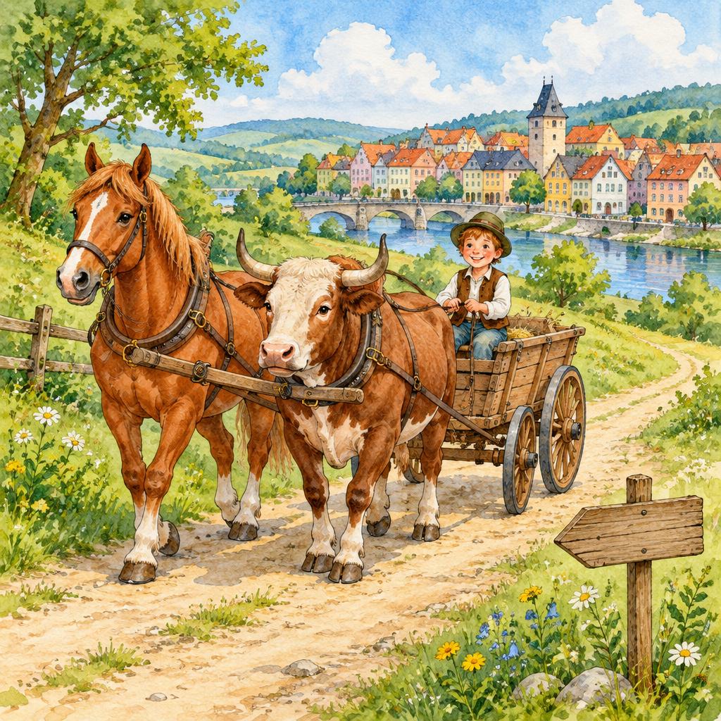 Kobyla a býk táhnou malý vozík s chlapcem k městu. U cesty stojí směrová tabule.