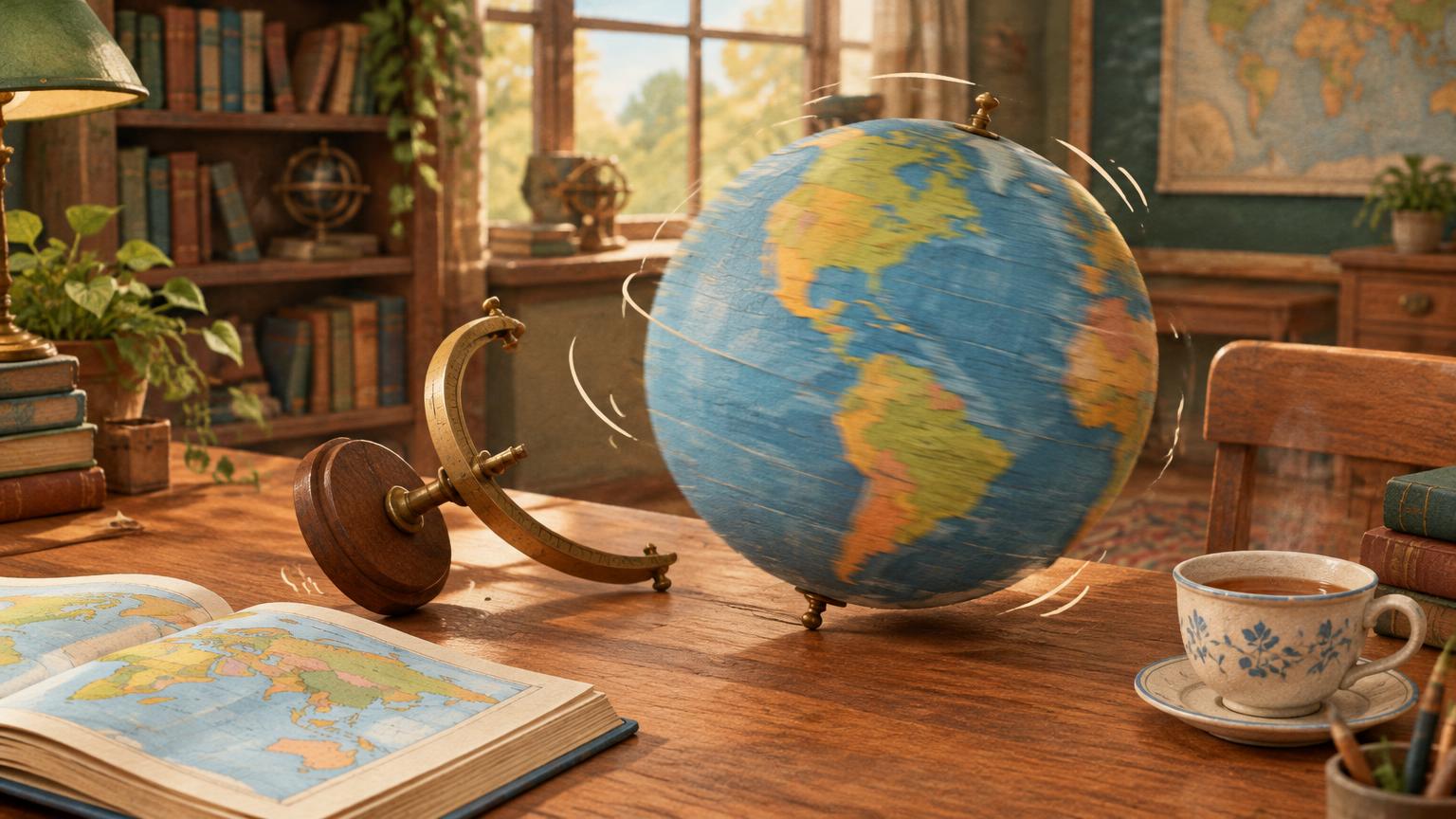Globus vyskočený ze stojanu na dřevěném stole, vedle otevřený atlas a šálek čaje.
