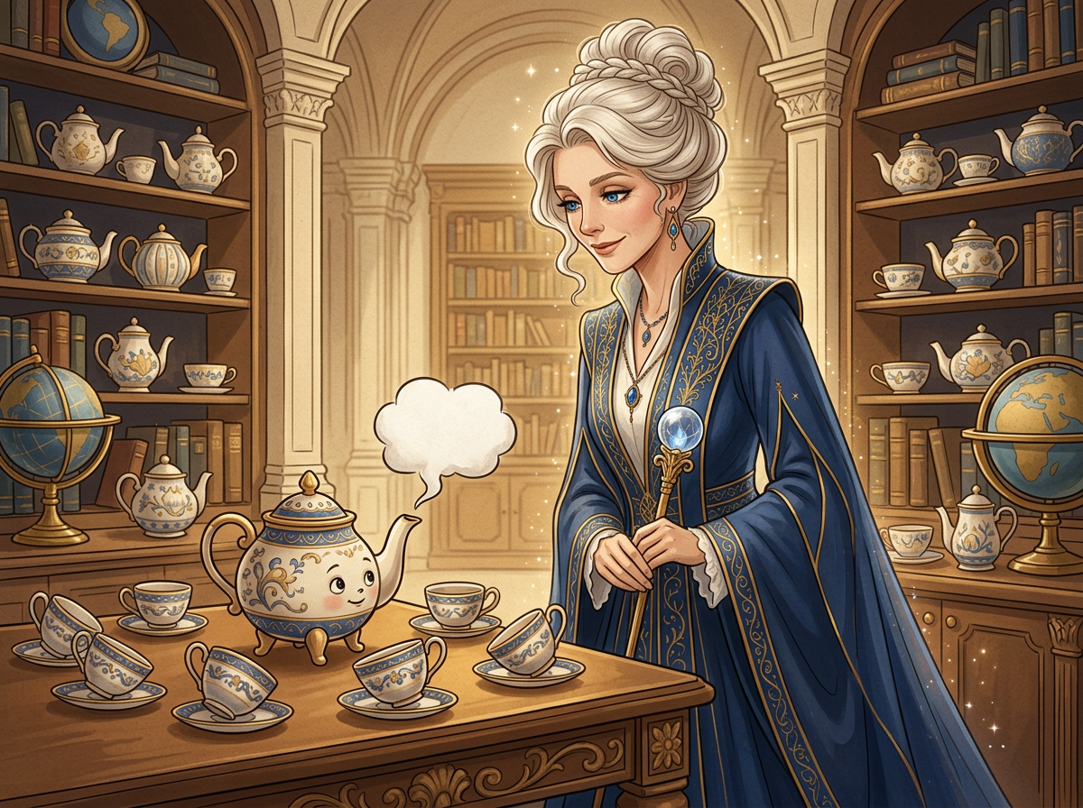 Madam Ahaura se usmívá na porcelánovou konvici, ze které stoupá obláček páry ve tvaru bubliny.