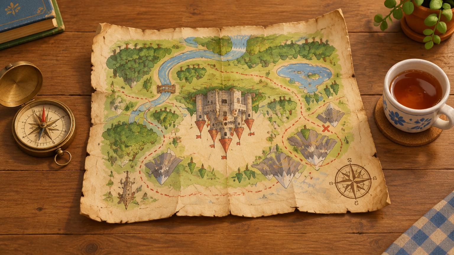 Stará papírová mapa s hradem na dřevěném stole, vedle kompas a šálek čaje.