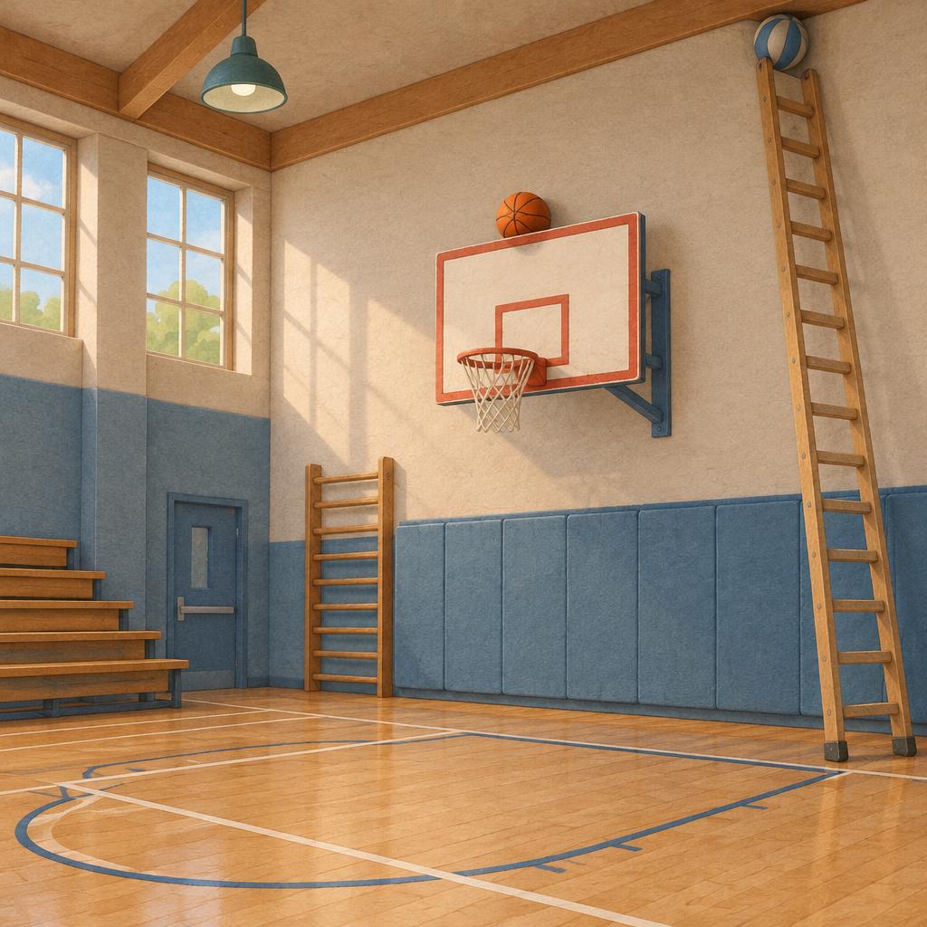 Tělocvična s basketbalovým košem, na horní hraně desky leží míč, druhý míč je u stropu a ke zdi je opřený dlouhý žebřík.