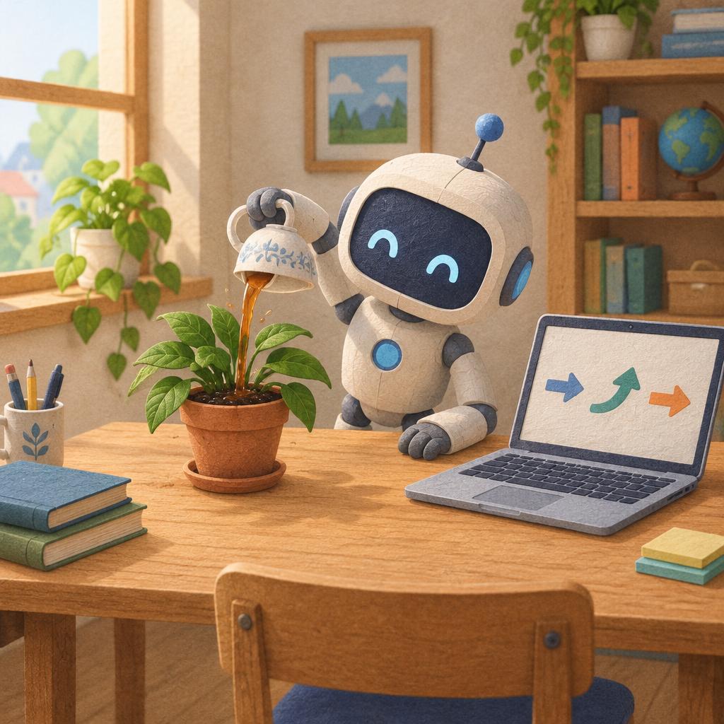 Malý robot na dřevěném stole lije čaj z šálku do květináče s kytkou, vedle notebook se šipkami.