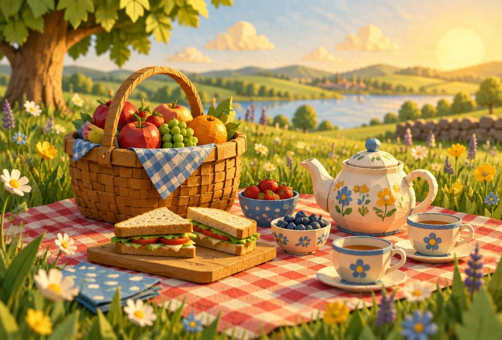Piknikový košík s ovocem a konvicí na louce