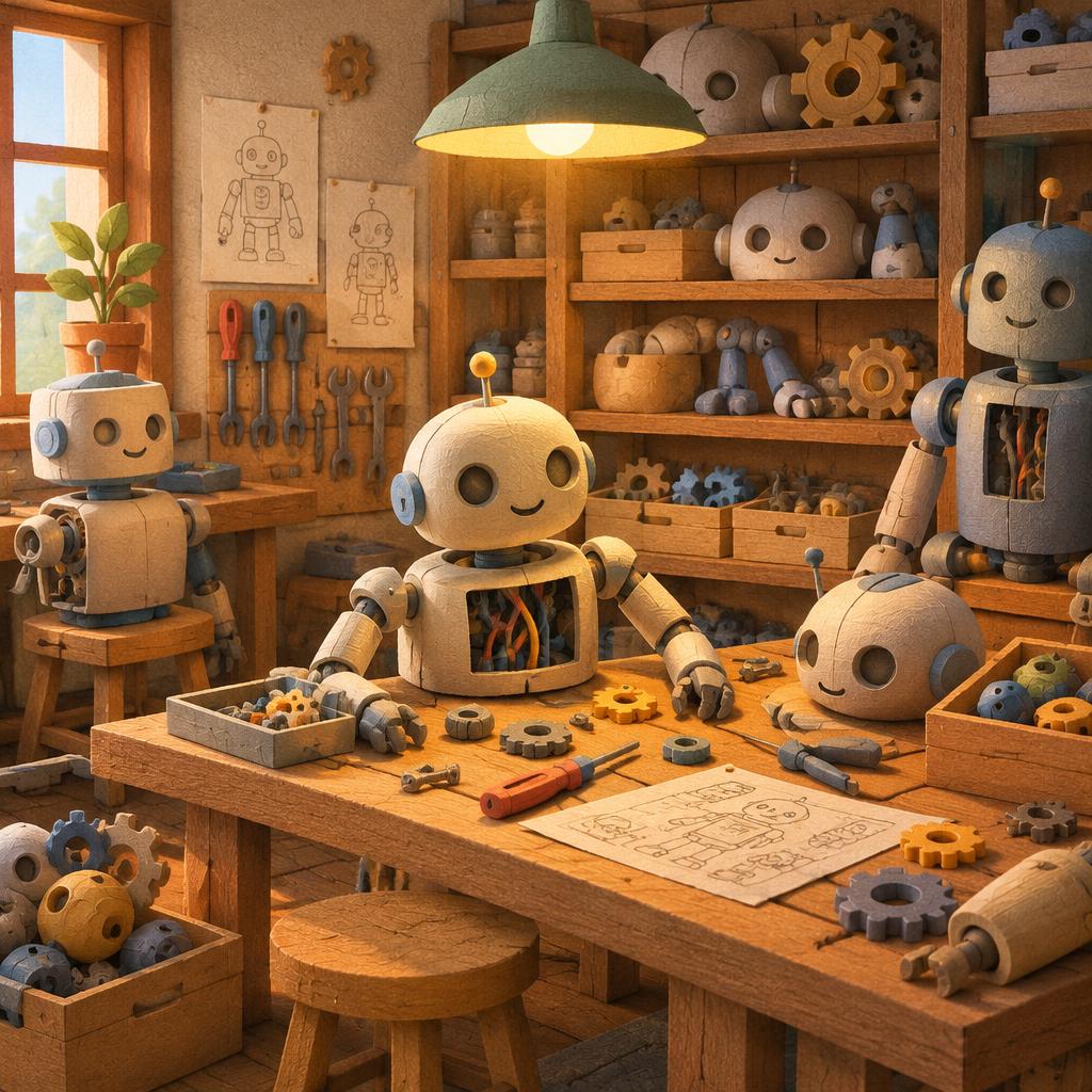 Dílna s napůl sestavenými roboty, ozubenými koly a nářadím