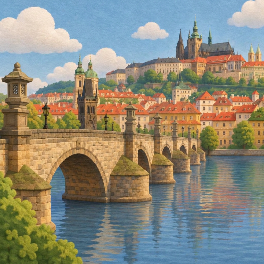 Kamenný most přes řeku, za ním staré město a hrad na kopci