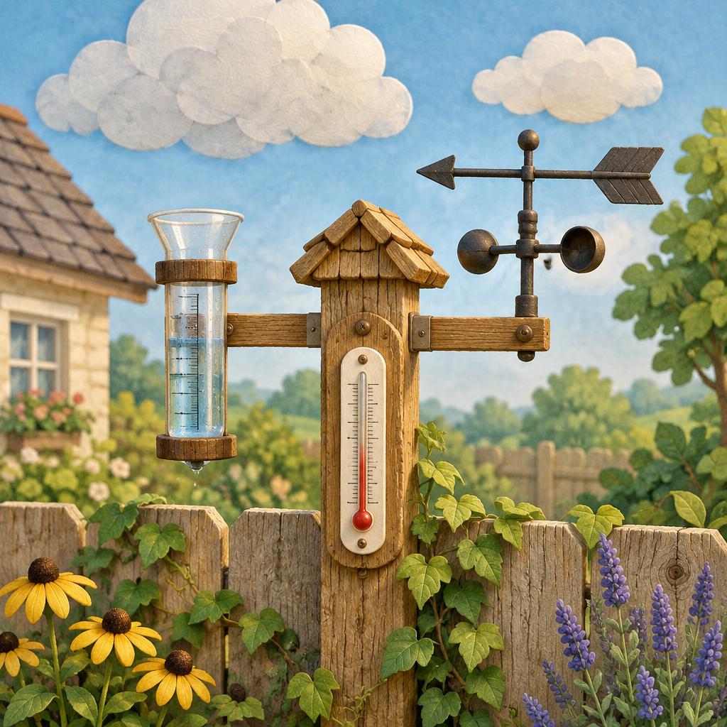 Domácí meteostanice na plotě se srážkoměrem, větrnou korouhví a teploměrem