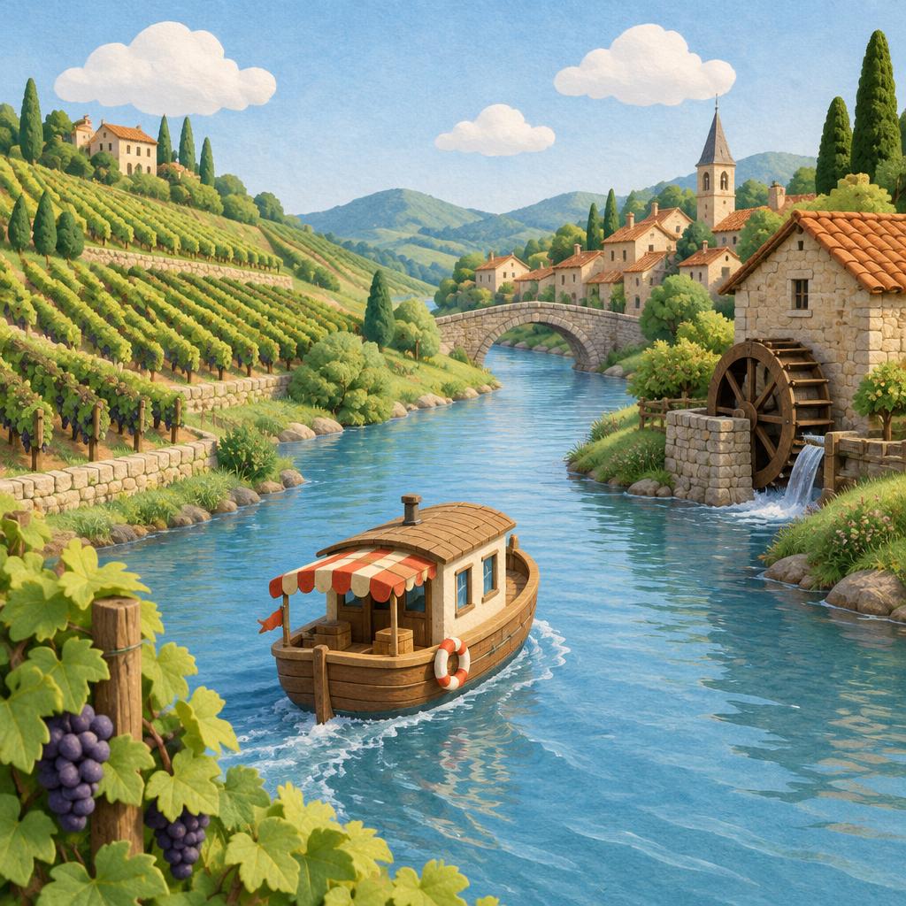 Lodička na řece mezi vinicemi, mlýnem a vesnicí