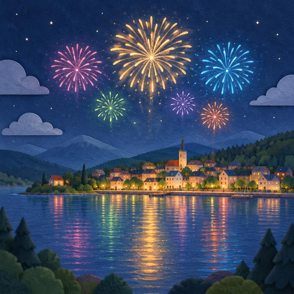 Barevný ohňostroj nad městečkem u jezera
