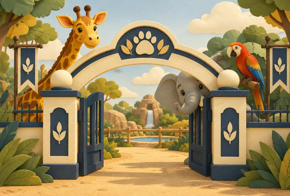 Brána zoo, za kterou vykukuje žirafa, slon a papoušek