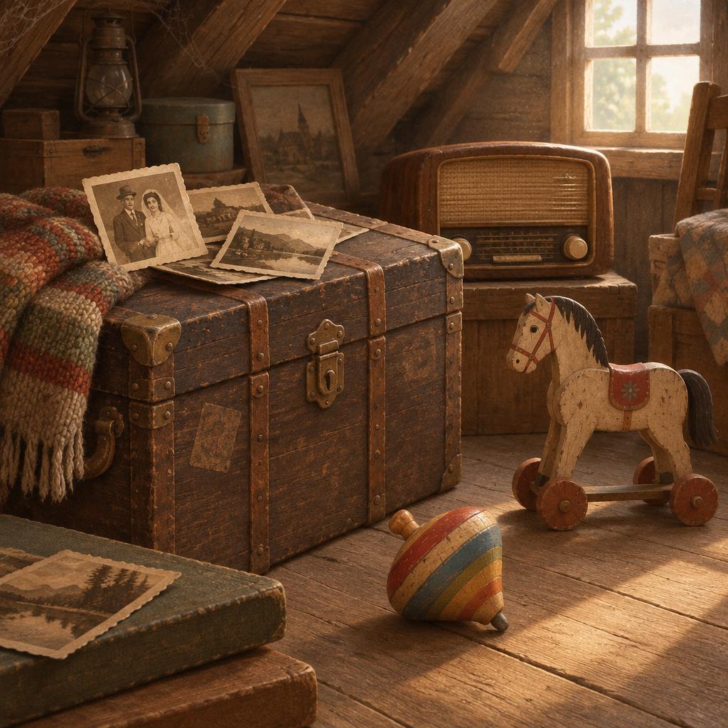 Půda se starou truhlou, rádiem, fotografiemi, káčou a dřevěným koníkem
