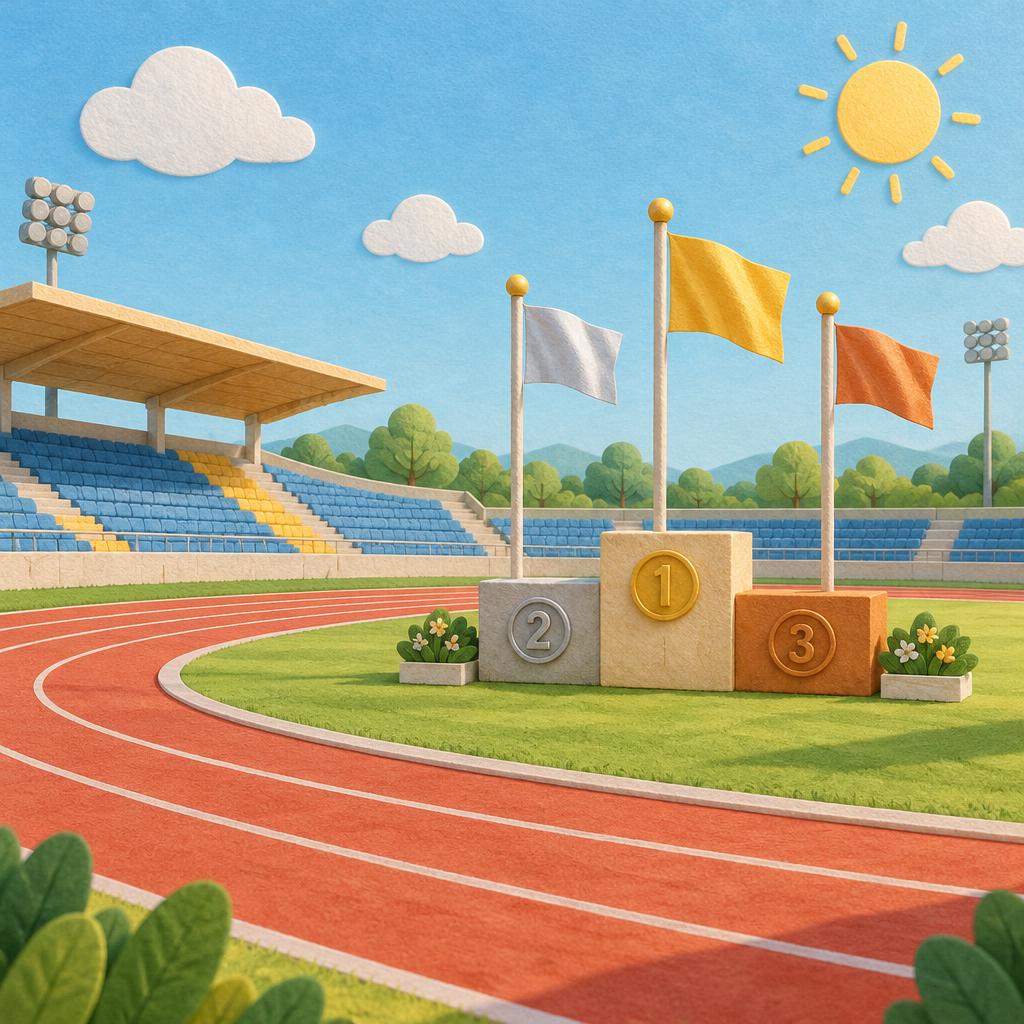 Stadion s běžeckou dráhou a stupni vítězů s vlajkami